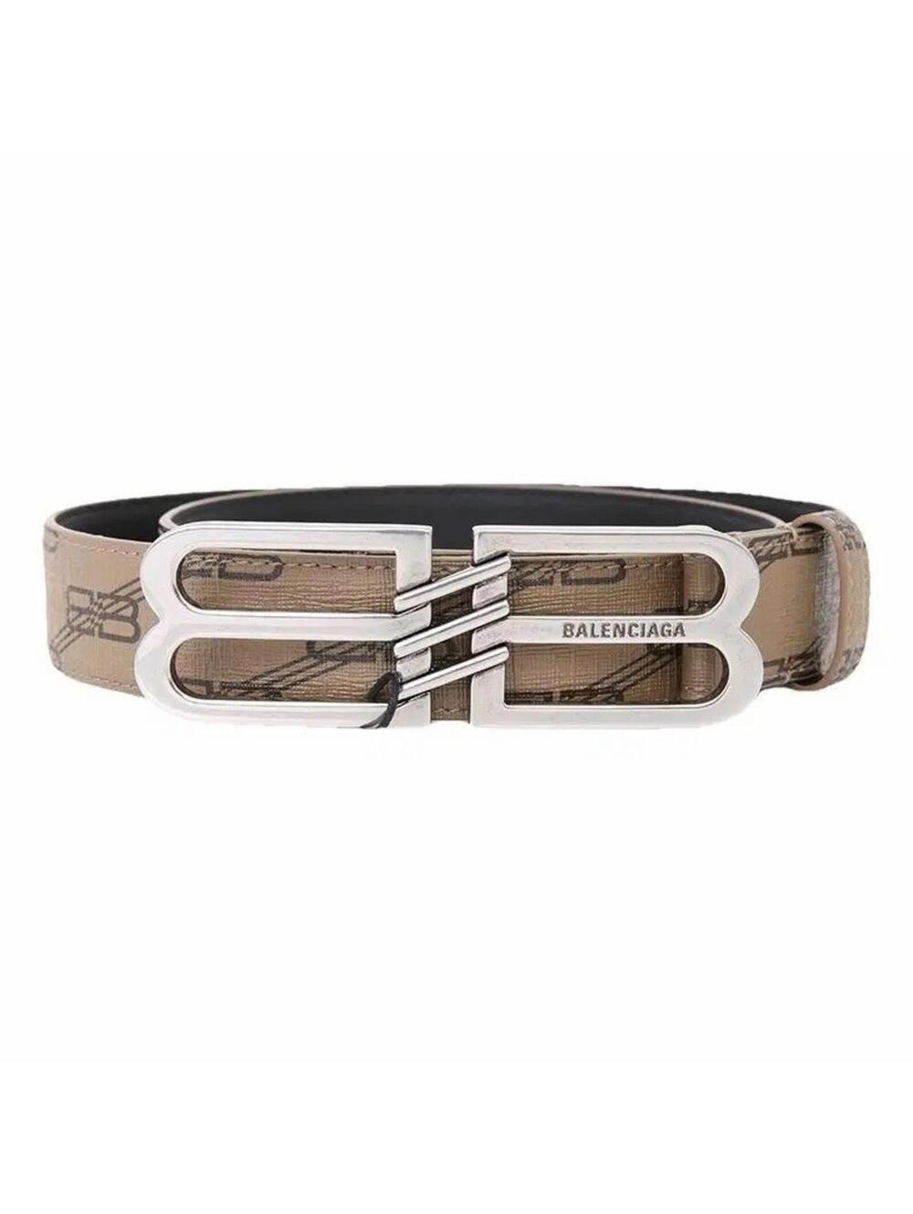 Balenciaga BB Logo Leather Belt Taupe Brown Silver Buckle Size 85 New